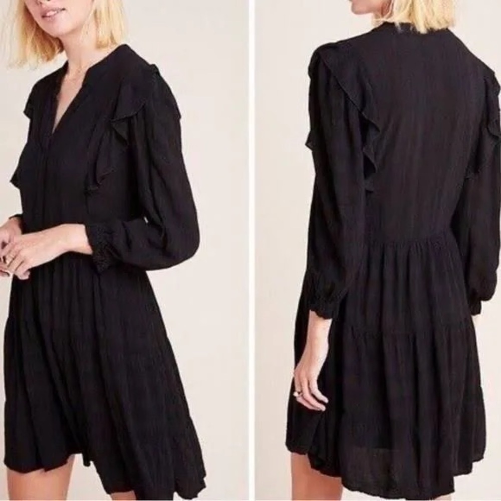 Black Ruffle Long-Sleeve Mini Dress with pockets